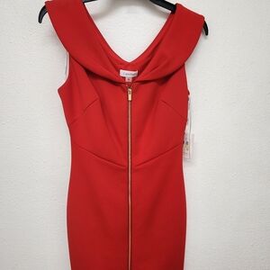 Calvin Klein Red Scuba Sheath Dress with Full Front Zipper Gold
